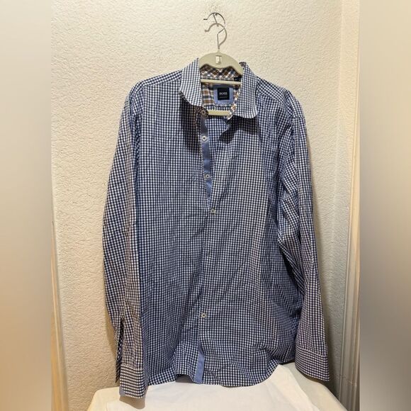 Hugo Boss Shirt Mens Sz 2XL Blue Gray Check Sharp Fit Cotton Button Up - Picture 1 of 7
